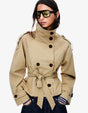 Women's cropped double-breasted jacket with stand collar, belt and long sleeves