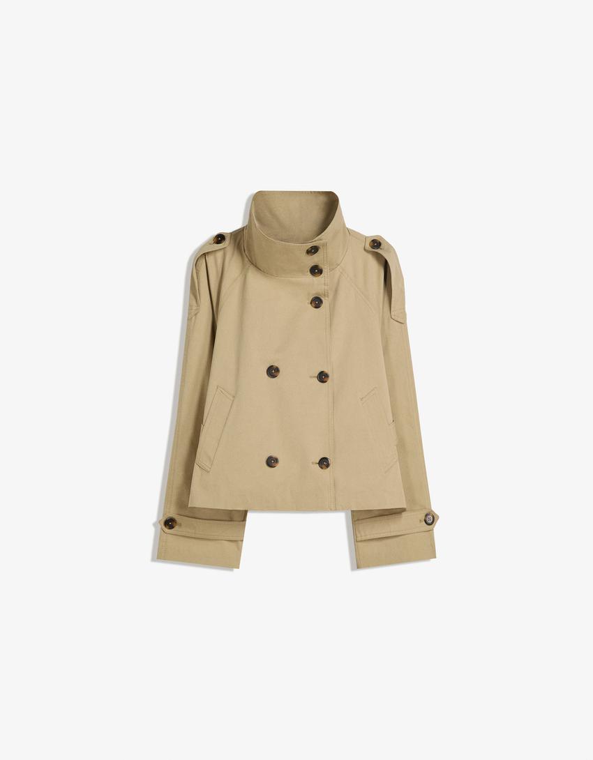 Women's cropped double-breasted jacket with stand collar, belt and long sleeves