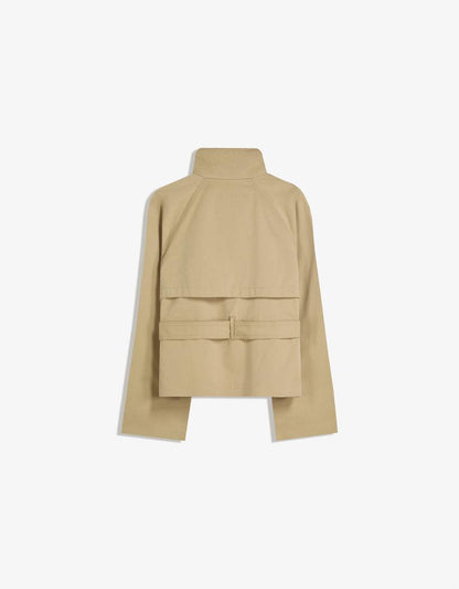 Women's cropped double-breasted jacket with stand collar, belt and long sleeves