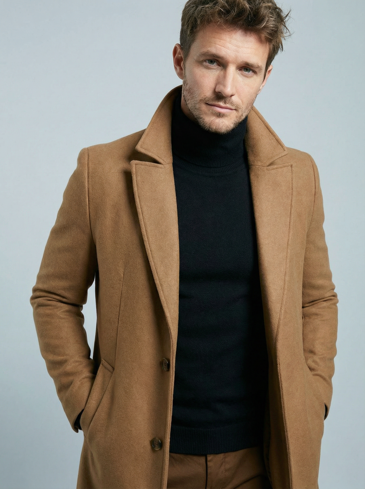 Men's structured long coat with notched lapels and button fastening