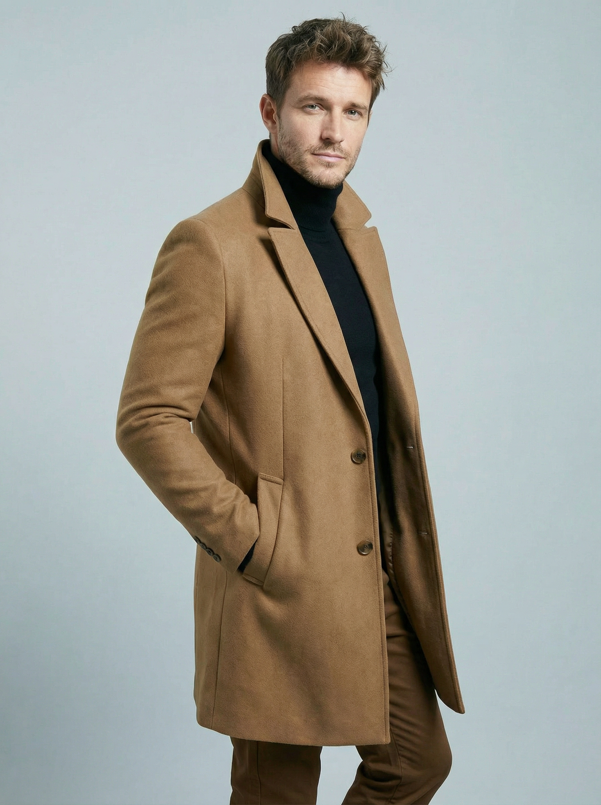 Men's structured long coat with notched lapels and button fastening