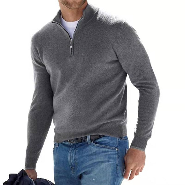 Men's V-neck sweater with half-zip closure in neutral tone, long sleeves