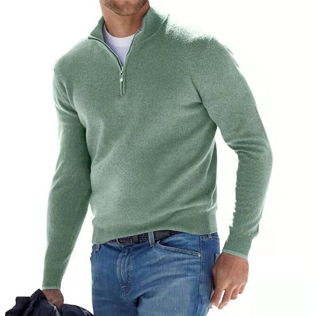Men's V-neck sweater with half-zip closure in neutral tone, long sleeves