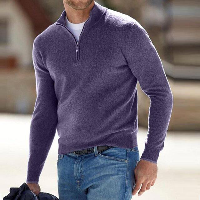 Men's V-neck sweater with half-zip closure in neutral tone, long sleeves