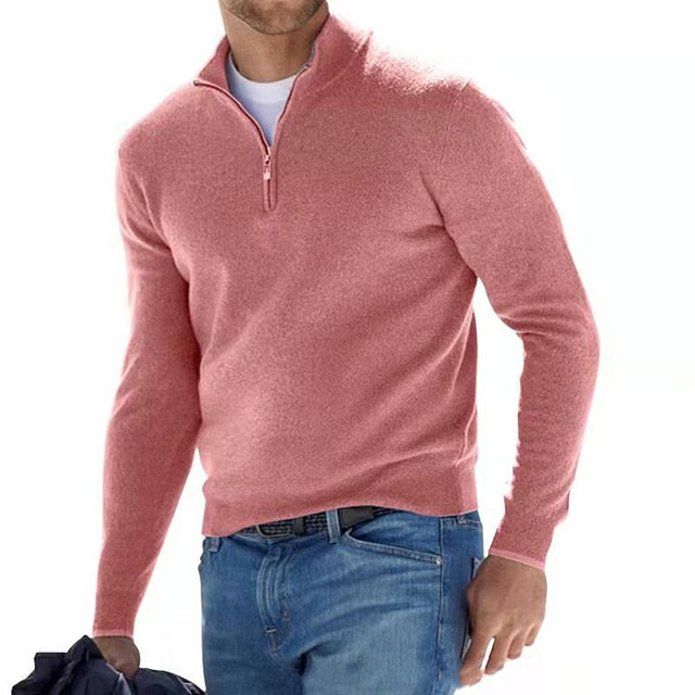 Men's V-neck sweater with half-zip closure in neutral tone, long sleeves