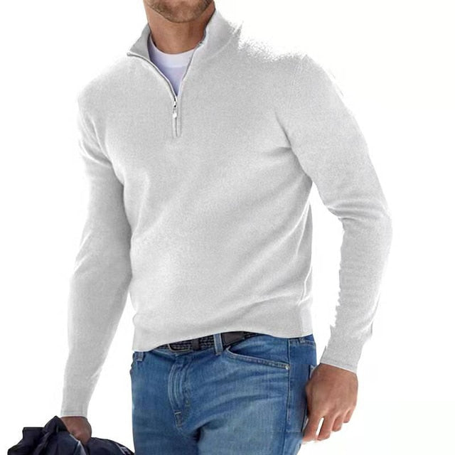 Men's V-neck sweater with half-zip closure in neutral tone, long sleeves