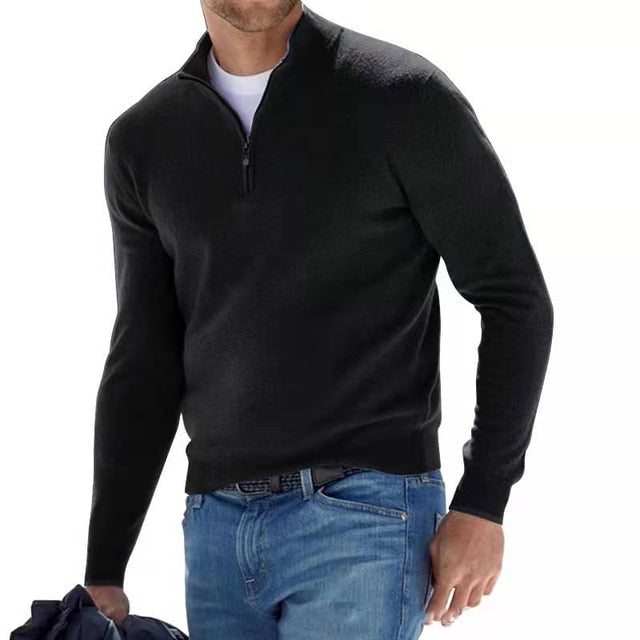 Men's V-neck sweater with half-zip closure in neutral tone, long sleeves