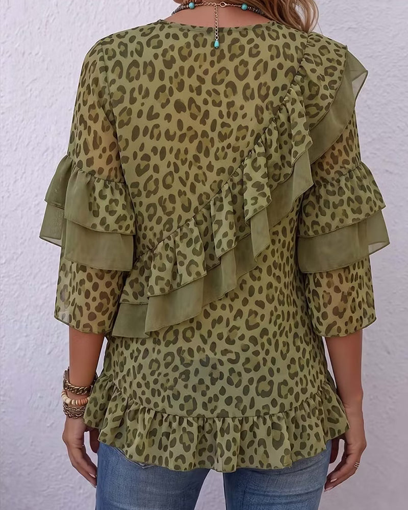 Women's olive green leopard print blouse with layered ruffles and V-neck