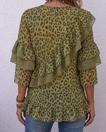 Women's olive green leopard print blouse with layered ruffles and V-neck
