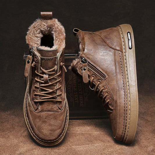 Men's lace-up ankle boots with plush-looking lining, side zipper and flat sole