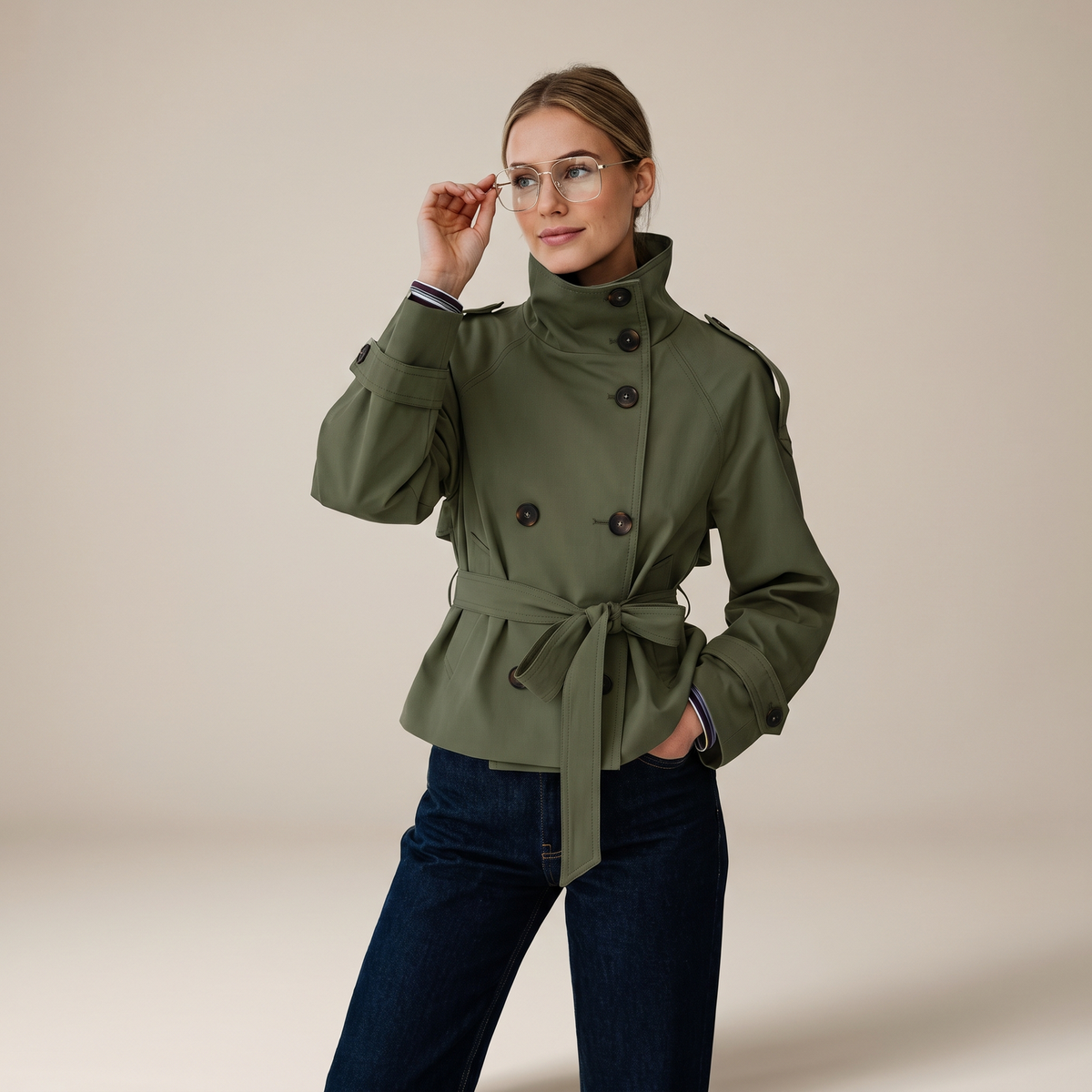 Women's belted double-breasted trench coat with high collar and long sleeves