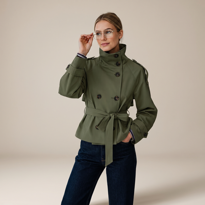 Women's belted double-breasted trench coat with high collar and long sleeves