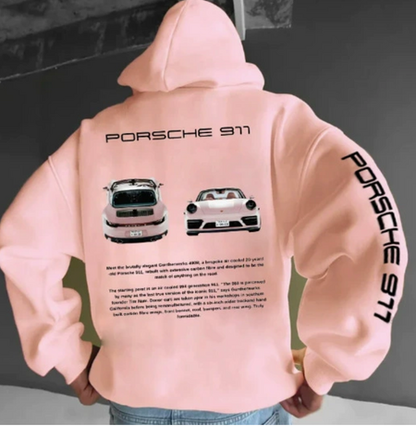 Oversized hooded sweatshirt with Porsche car graphics and printed sleeves