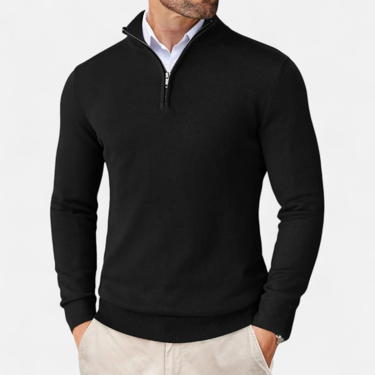 Men's slim-fit quarter-zip sweater with mock neck and long sleeves