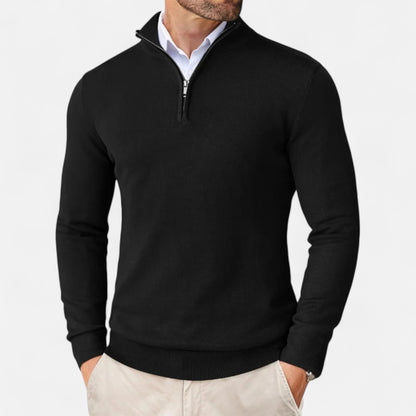 Men's slim-fit quarter-zip sweater with mock neck and long sleeves