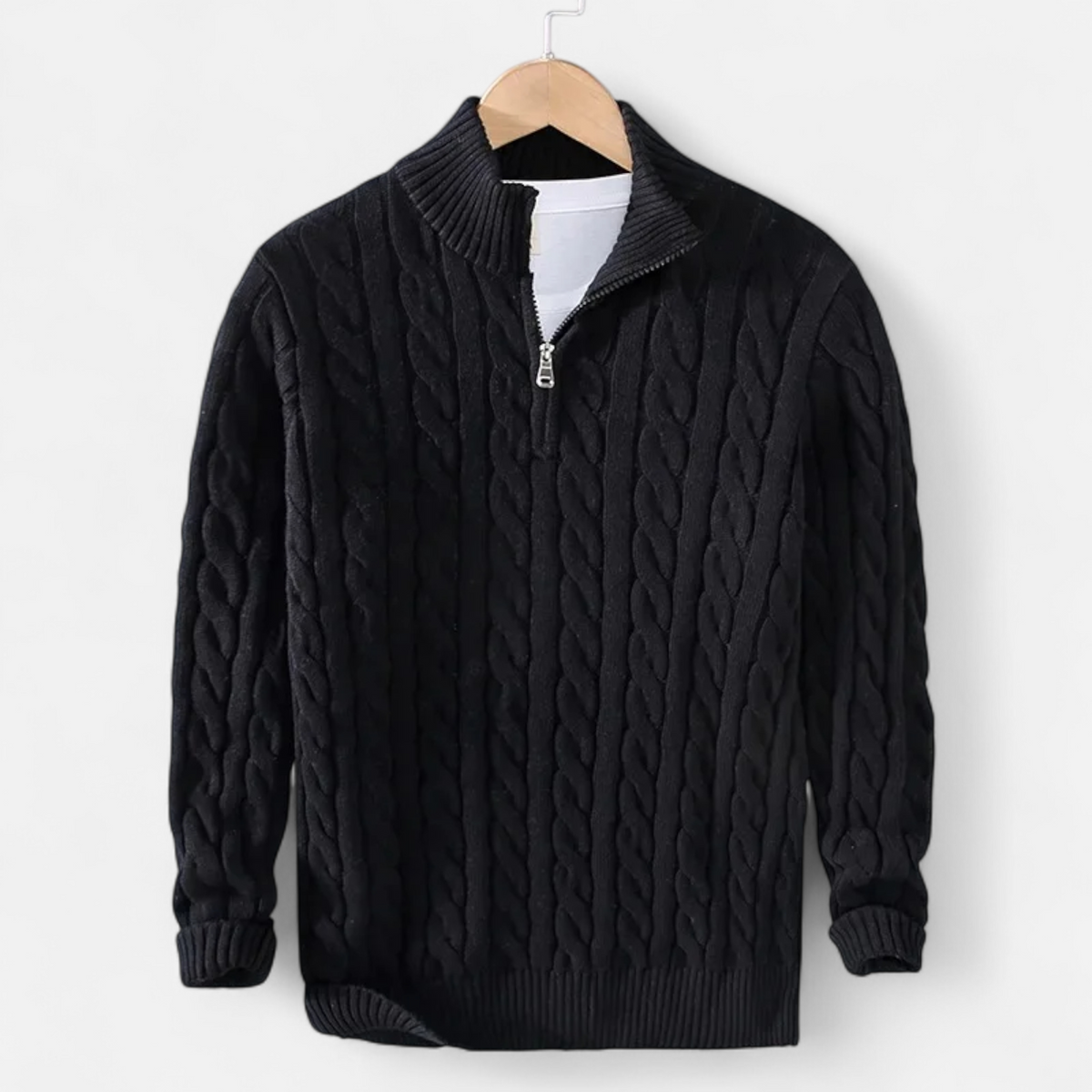 Men's cable-knit quarter-zip sweater with mock neck and long sleeves