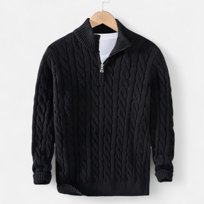 Men's cable-knit quarter-zip sweater with mock neck and long sleeves