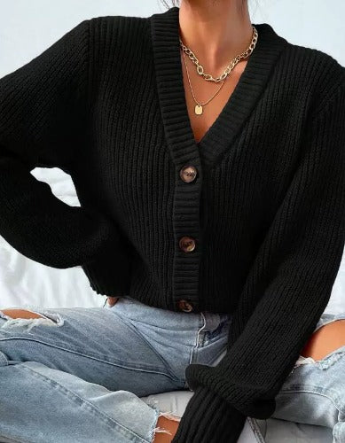 Women's ribbed V-neck button cardigan with long sleeves