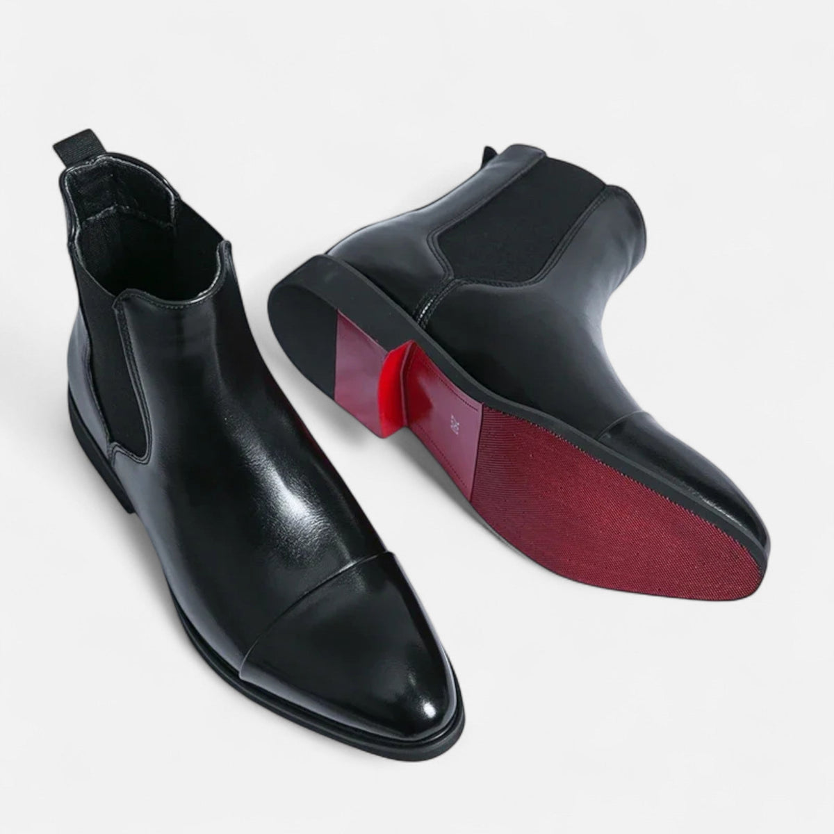 Men's Chelsea boots with polished finish, elastic side panels and low heels