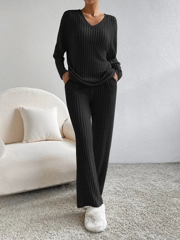 Women's ribbed V-neck pullover and wide-leg trouser set