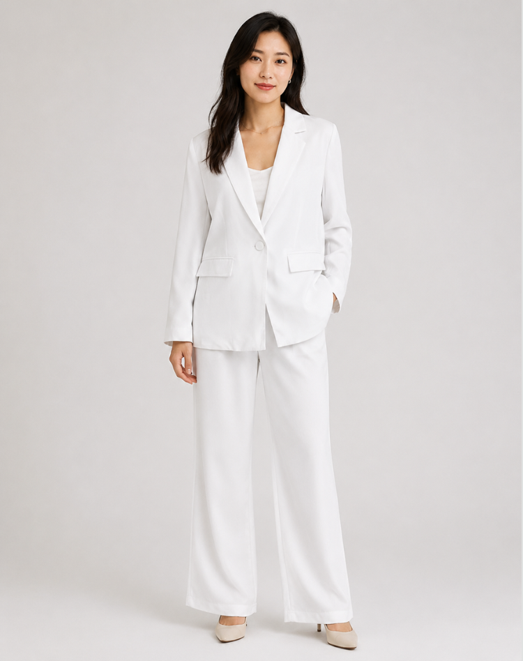 Women's brown single-breasted blazer with matching wide-leg trousers, notch lapel and patch pockets