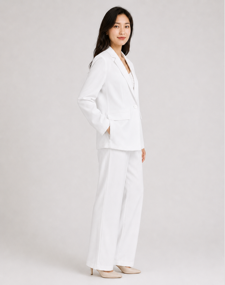 Women's brown single-breasted blazer with matching wide-leg trousers, notch lapel and patch pockets
