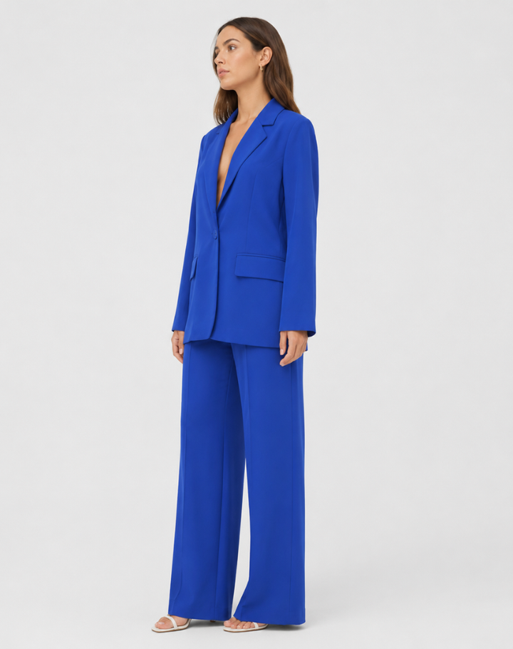 Women's brown single-breasted blazer with matching wide-leg trousers, notch lapel and patch pockets