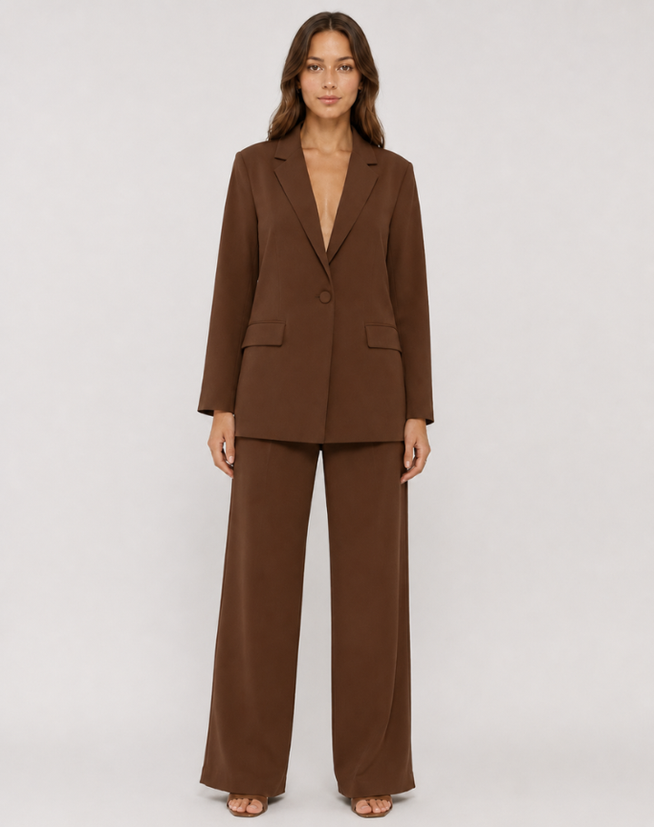 Women's brown single-breasted blazer with matching wide-leg trousers, notch lapel and patch pockets