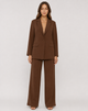 Women's brown single-breasted blazer with matching wide-leg trousers, notch lapel and patch pockets