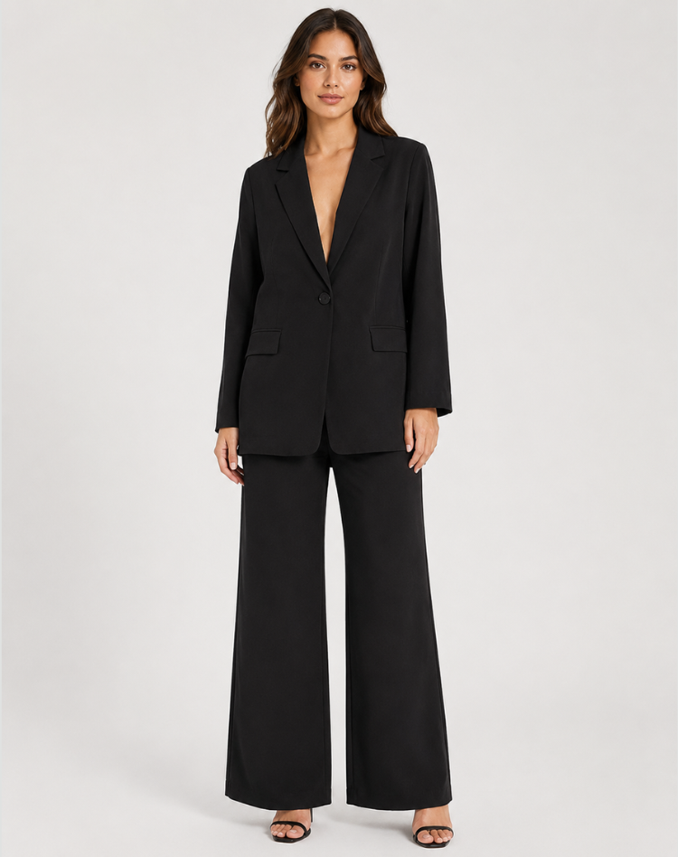 Women's brown single-breasted blazer with matching wide-leg trousers, notch lapel and patch pockets
