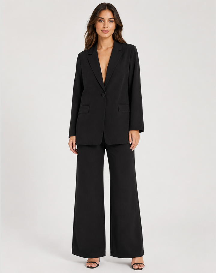 Women's brown single-breasted blazer with matching wide-leg trousers, notch lapel and patch pockets