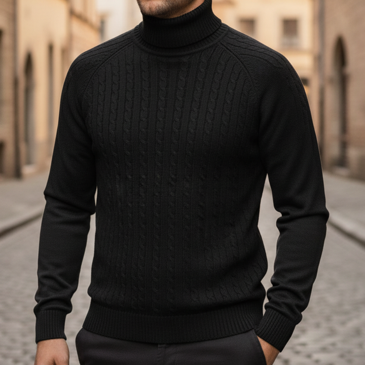 Men's textured cable knit turtleneck sweater