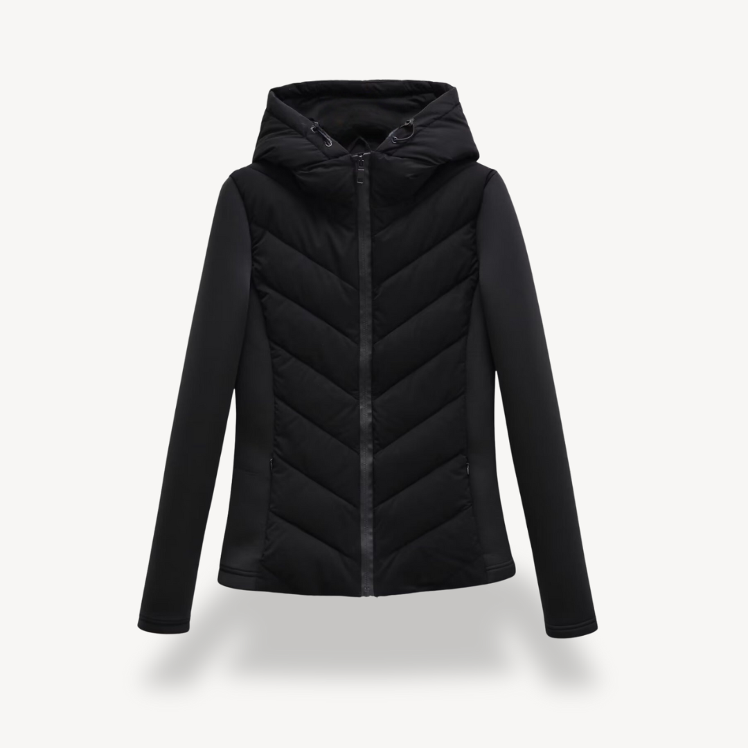 Women's hooded quilted jacket with chevron stitching and zip front