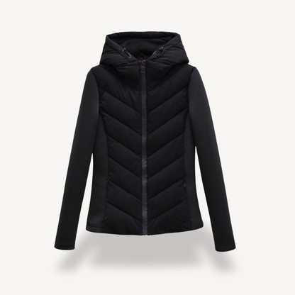 Women's hooded quilted jacket with chevron stitching and zip front
