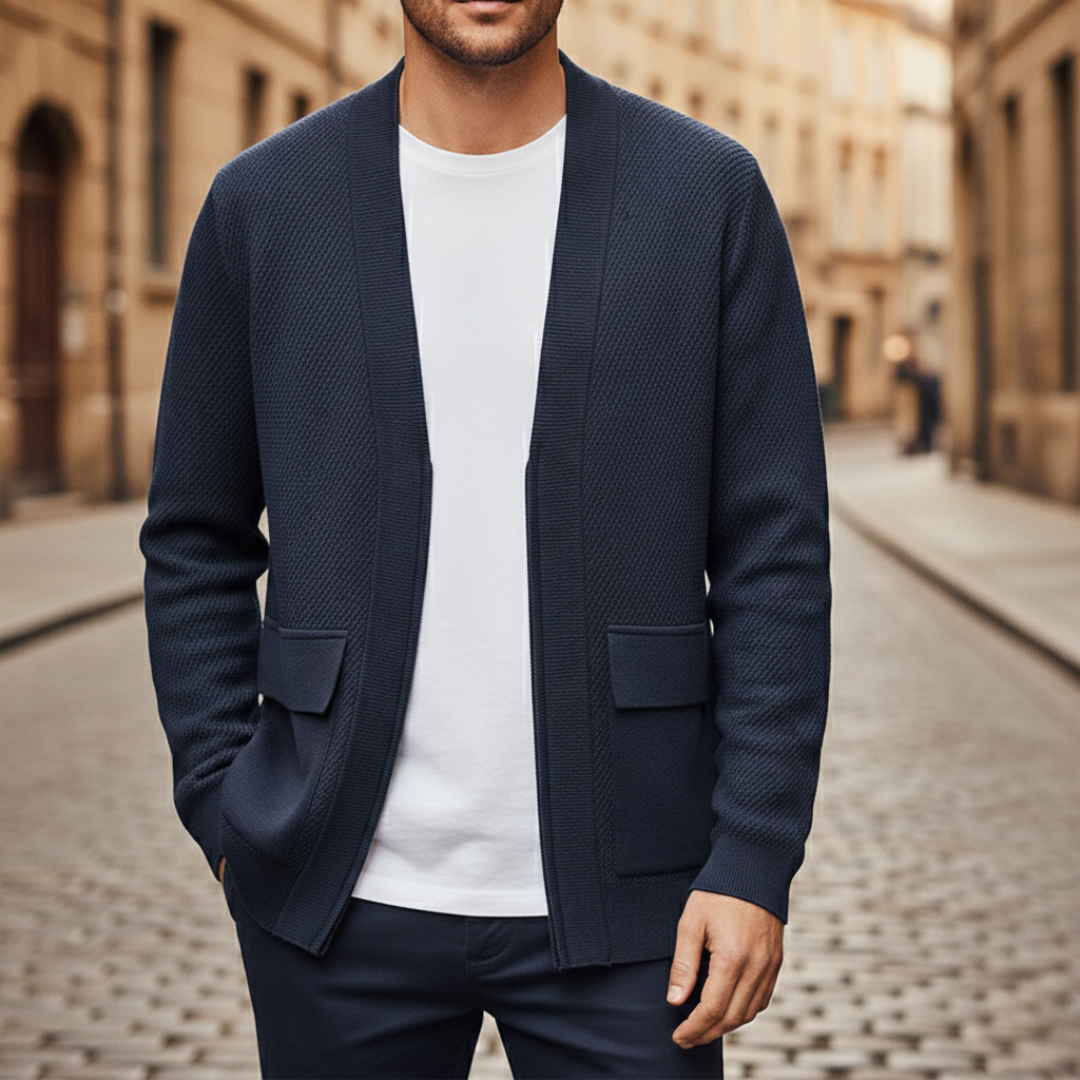 Men's textured knit cardigan with open front, long sleeves and flap pockets