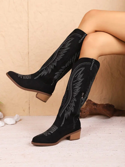 Women's knee-high western boots with embroidered detailing and block heels