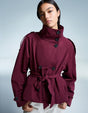 Women's cropped double-breasted jacket with stand collar, belt and long sleeves