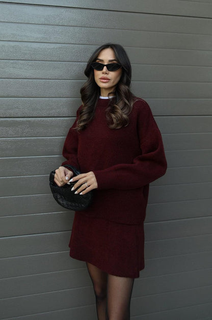 Women's long-sleeve knit sweater and short skirt set