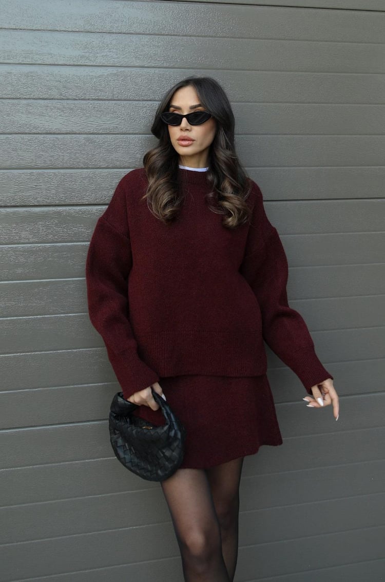 Women's long-sleeve knit sweater and short skirt set