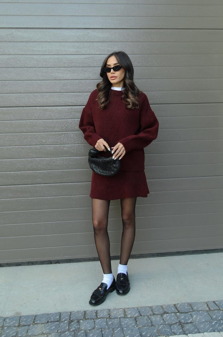 Women's long-sleeve knit sweater and short skirt set