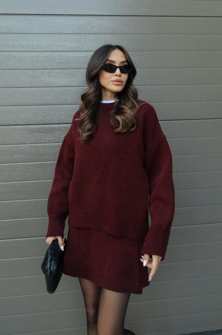 Women's long-sleeve knit sweater and short skirt set