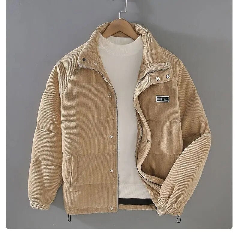 Men's textured padded jacket with stand collar and zip front