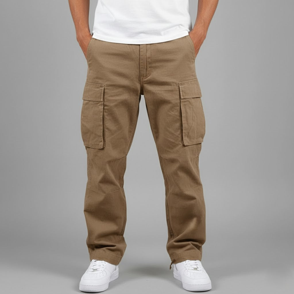Men's black relaxed fit cargo pants with multiple pockets and straight leg