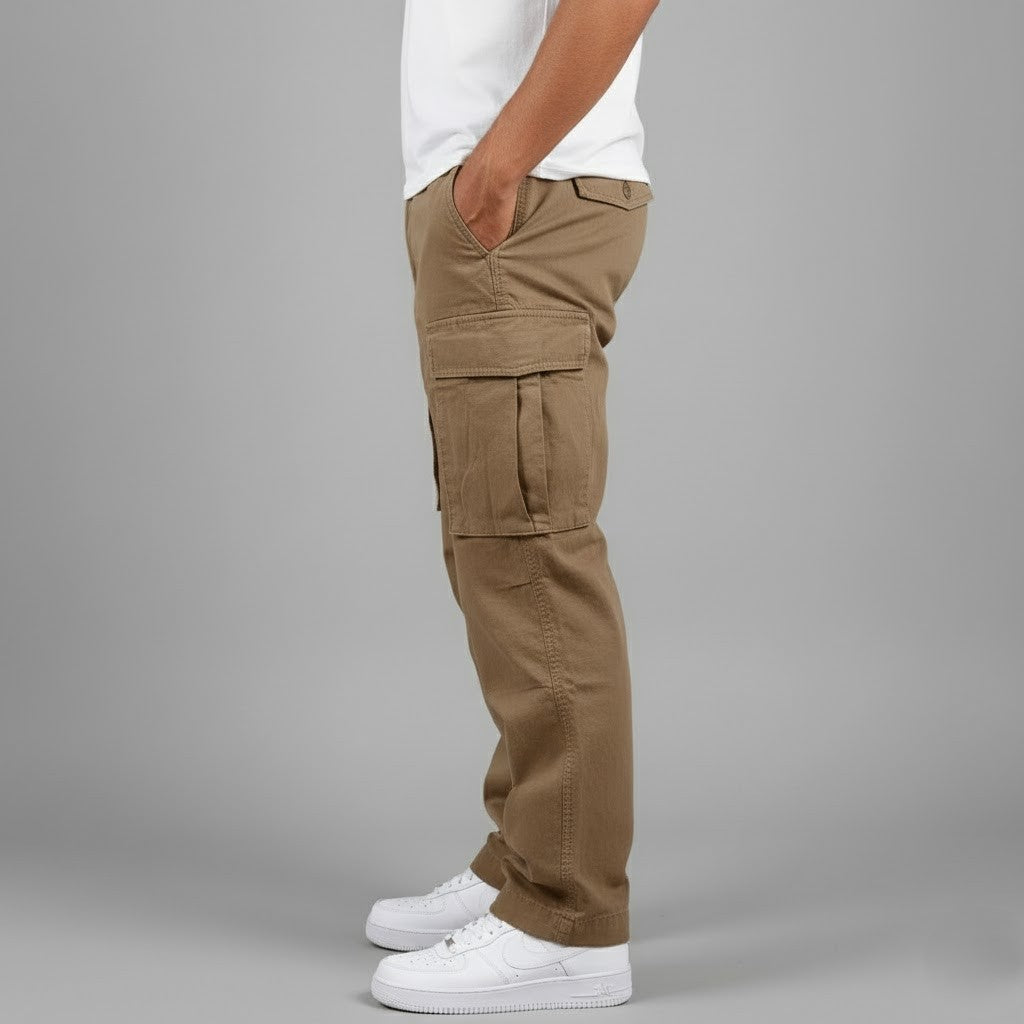 Men's black relaxed fit cargo pants with multiple pockets and straight leg