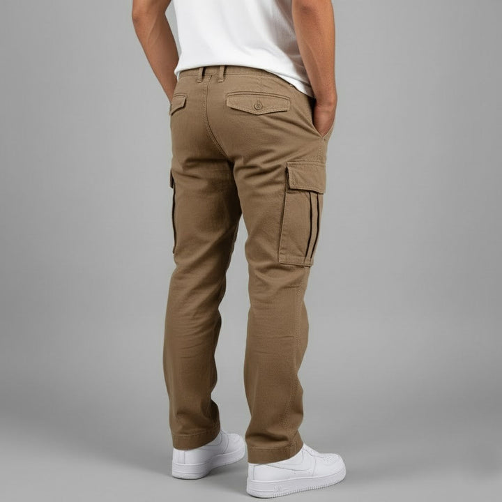Men's black relaxed fit cargo pants with multiple pockets and straight leg