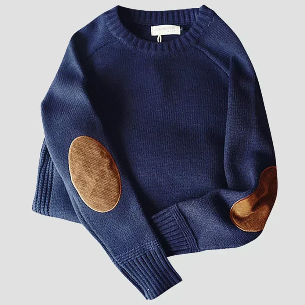 Men's crewneck sweater with contrasting elbow patches and ribbed trims