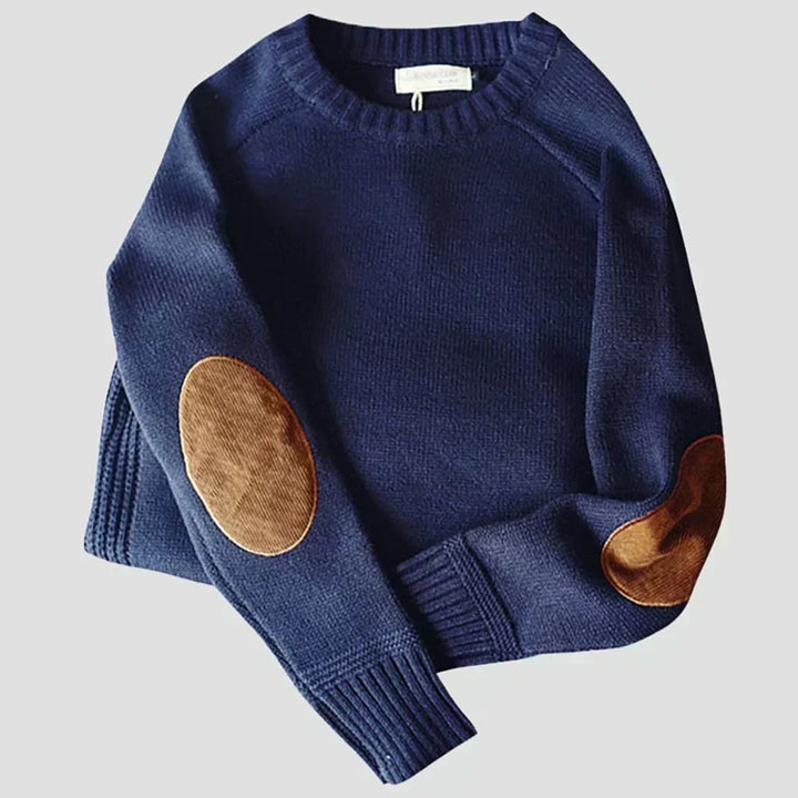 Men's crewneck sweater with contrasting elbow patches and ribbed trims