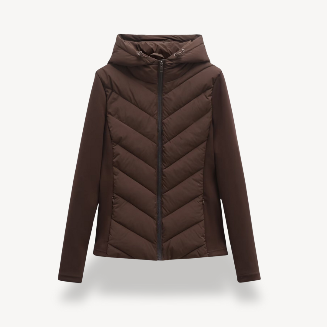 Women's hooded quilted jacket with chevron stitching and zip front