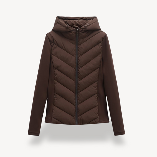 Women's hooded quilted jacket with chevron stitching and zip front