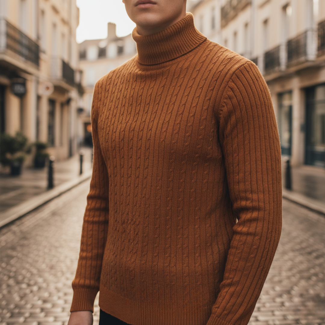 Men's textured cable knit turtleneck sweater